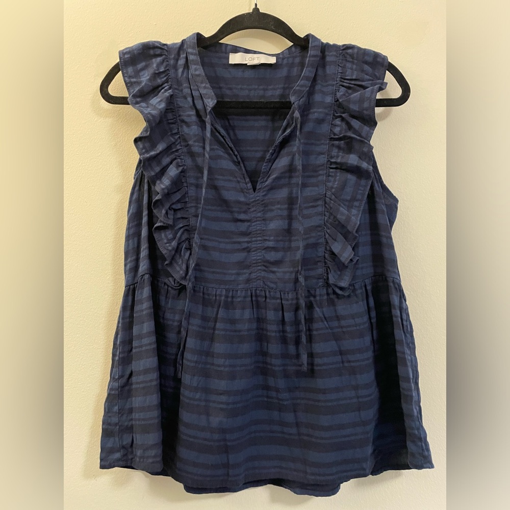 Loft Striped Ruffle‎ Sleeveless Top in Navy and Black - S